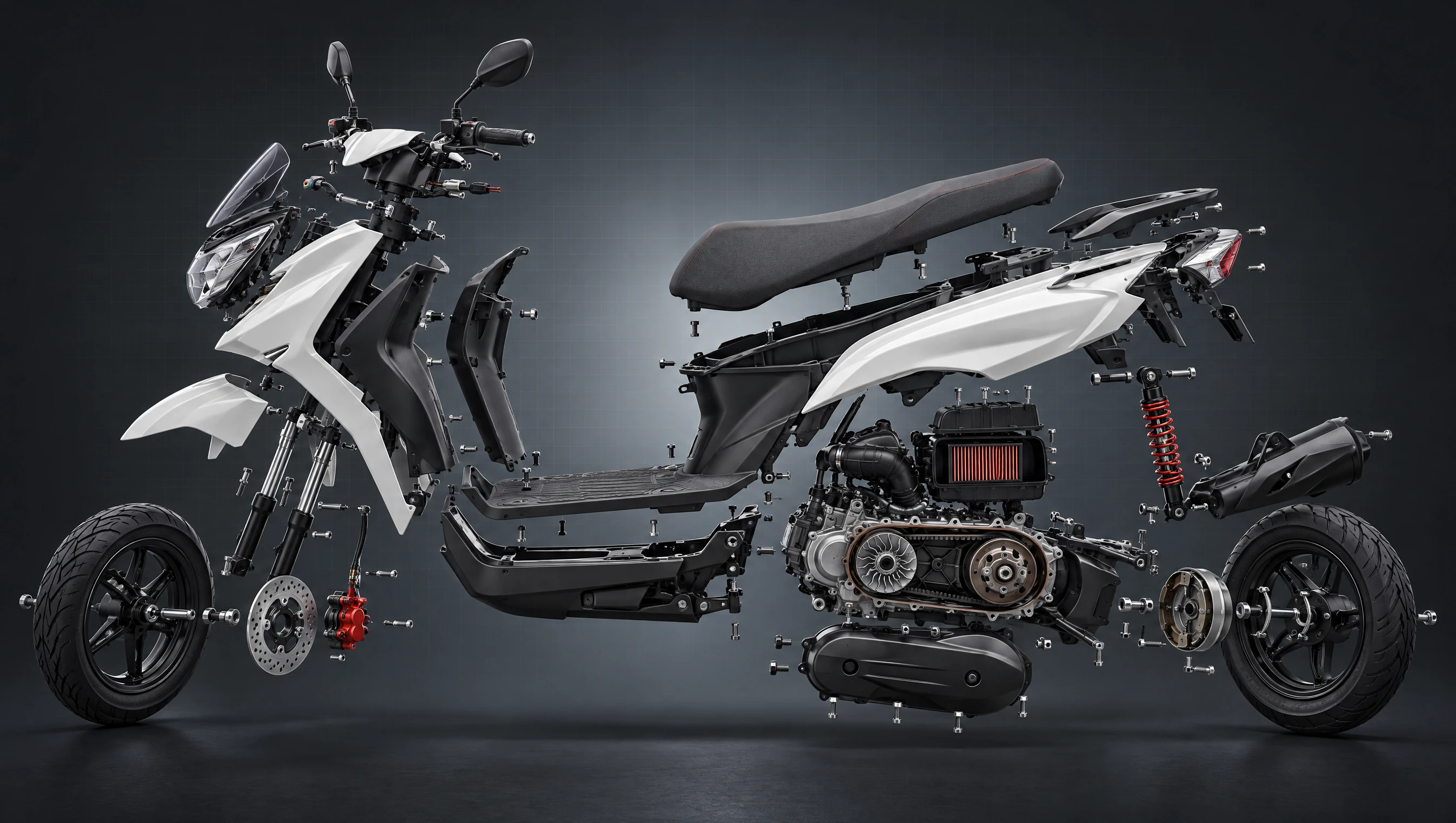 Despiece de una moto scooter con sus sistemas separados